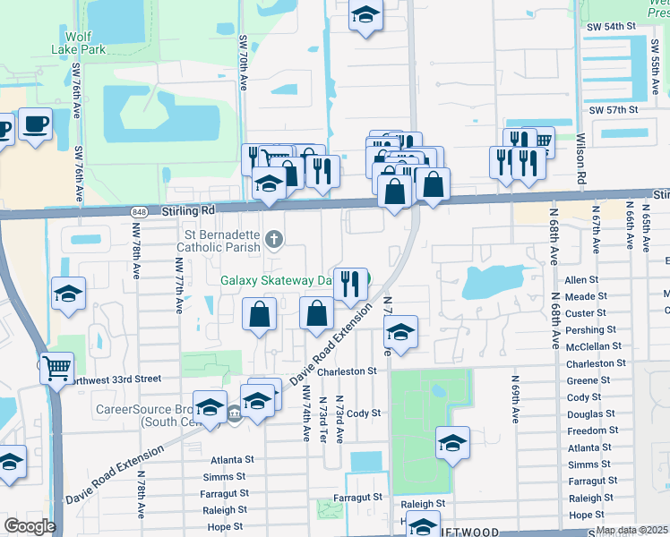 map of restaurants, bars, coffee shops, grocery stores, and more near 7380 Stirling Road in Hollywood