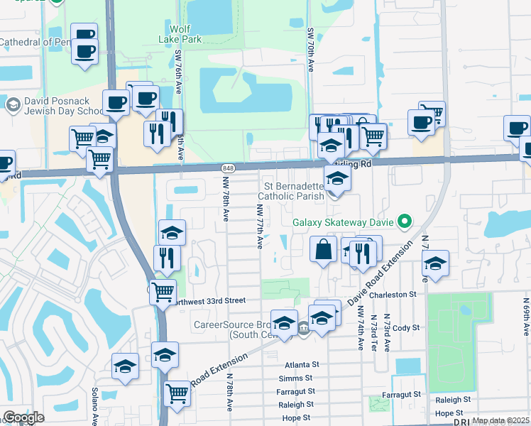 map of restaurants, bars, coffee shops, grocery stores, and more near 3906 Northwest 77th Avenue in Hollywood