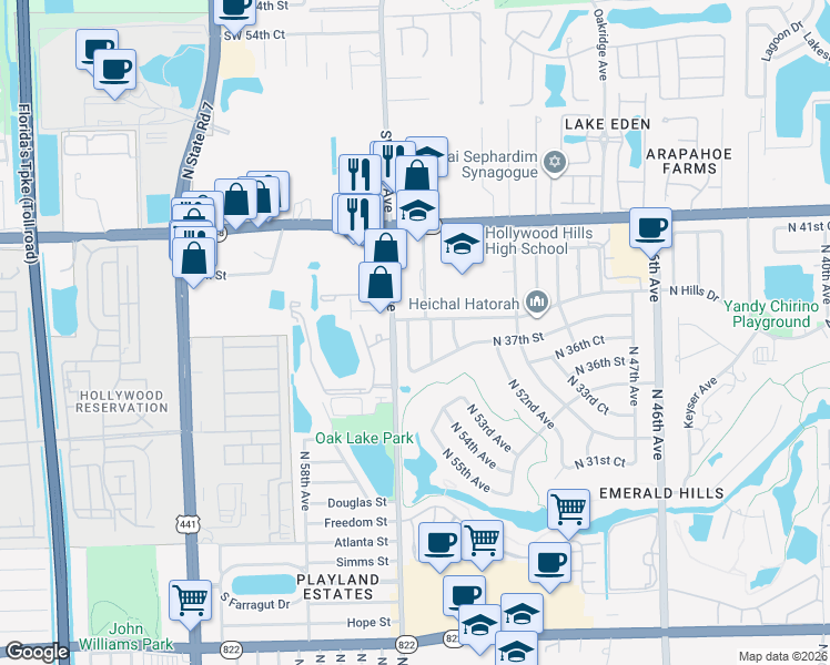 map of restaurants, bars, coffee shops, grocery stores, and more near 3751 North 55th Avenue in Hollywood