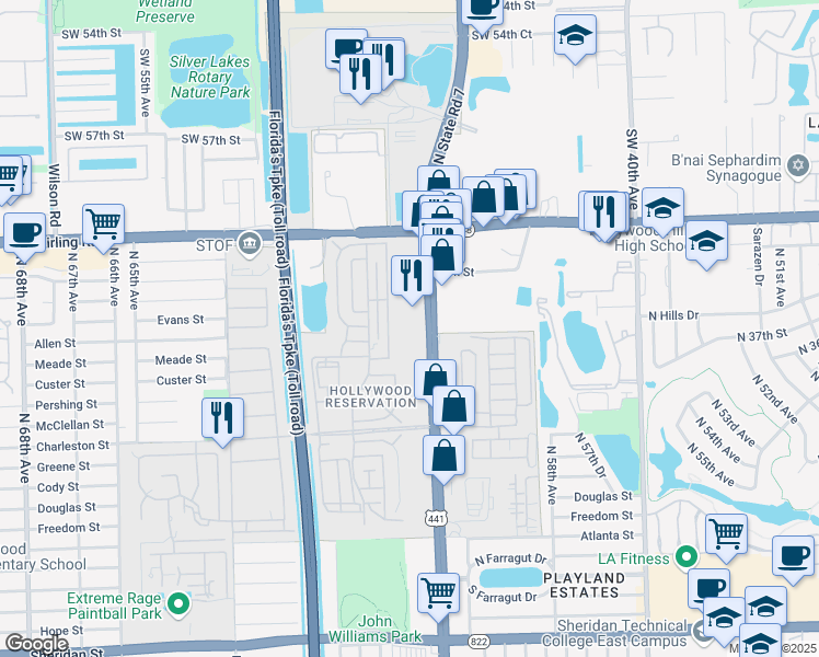 map of restaurants, bars, coffee shops, grocery stores, and more near 4150 North State Road 7 in Fort Lauderdale