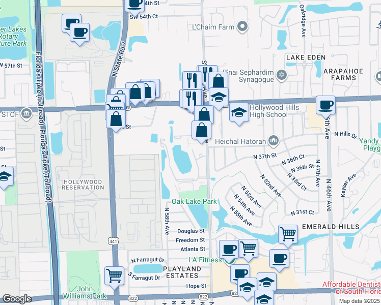 map of restaurants, bars, coffee shops, grocery stores, and more near 3610 North 56th Avenue in Hollywood