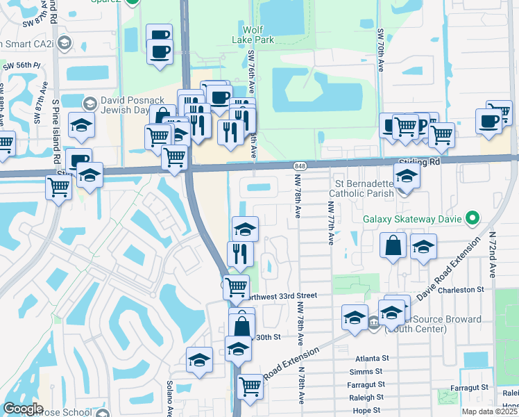 map of restaurants, bars, coffee shops, grocery stores, and more near 7904 Northwest 40th Street in Hollywood