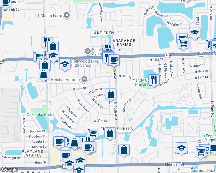 map of restaurants, bars, coffee shops, grocery stores, and more near 4701 North 36th Court in Hollywood
