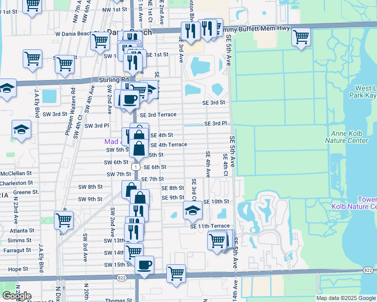 map of restaurants, bars, coffee shops, grocery stores, and more near 303 Southeast 5th Street in Dania Beach