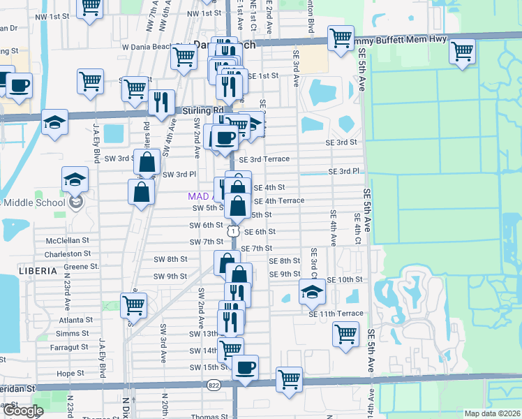 map of restaurants, bars, coffee shops, grocery stores, and more near 105A Southeast 5th Street in Dania Beach