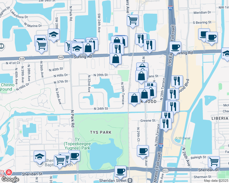 map of restaurants, bars, coffee shops, grocery stores, and more near 3024 Lakewood Lane in Hollywood
