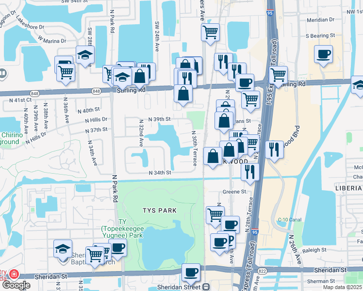 map of restaurants, bars, coffee shops, grocery stores, and more near 3024 Lakewood Lane in Hollywood