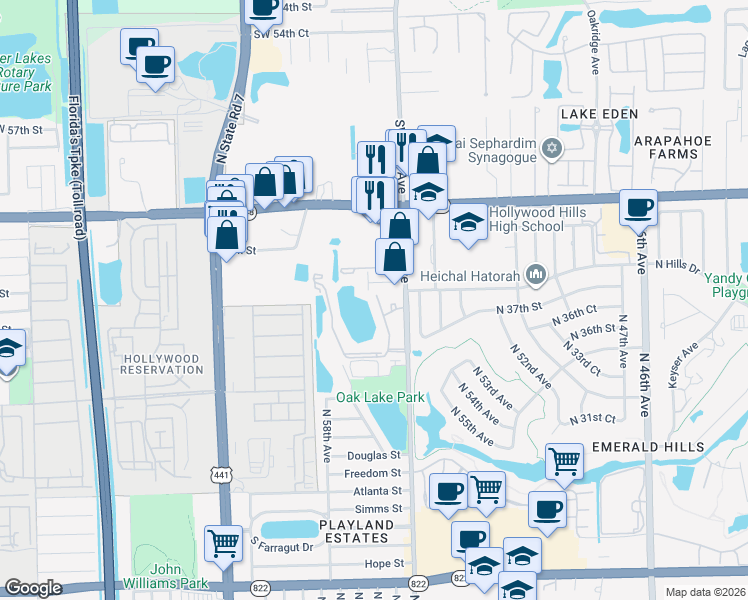 map of restaurants, bars, coffee shops, grocery stores, and more near 3610 North 56th Avenue in Hollywood