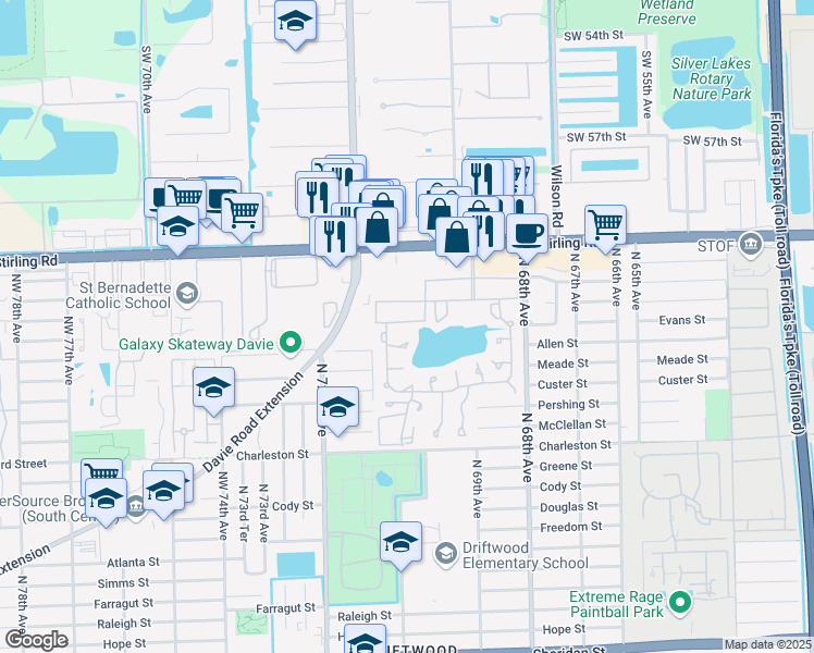 map of restaurants, bars, coffee shops, grocery stores, and more near 612 Briarwood Circle in Hollywood