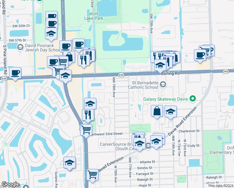 map of restaurants, bars, coffee shops, grocery stores, and more near 7751 Northwest 39th Street in Hollywood