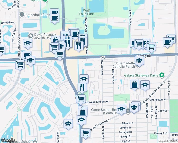 map of restaurants, bars, coffee shops, grocery stores, and more near 7904 Northwest 40th Street in Hollywood