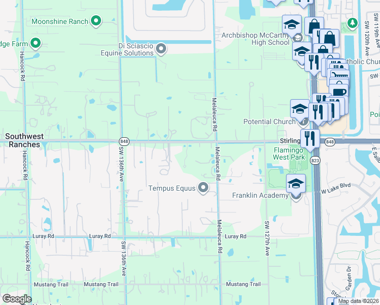 map of restaurants, bars, coffee shops, grocery stores, and more near 6100 Stallion Way in Southwest Ranches