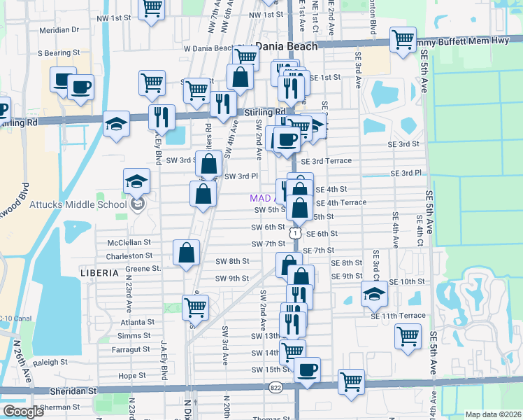 map of restaurants, bars, coffee shops, grocery stores, and more near 41 Southwest 5th Street in Dania Beach