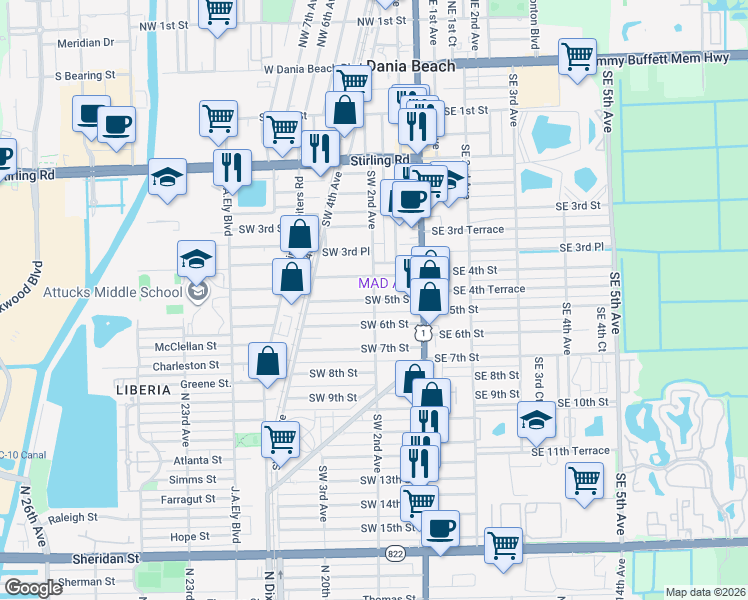 map of restaurants, bars, coffee shops, grocery stores, and more near 41 Southwest 5th Street in Dania Beach