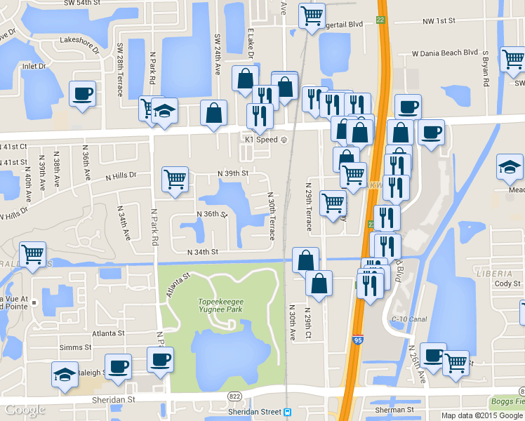 map of restaurants, bars, coffee shops, grocery stores, and more near 3530 North 30th Terrace in Hollywood