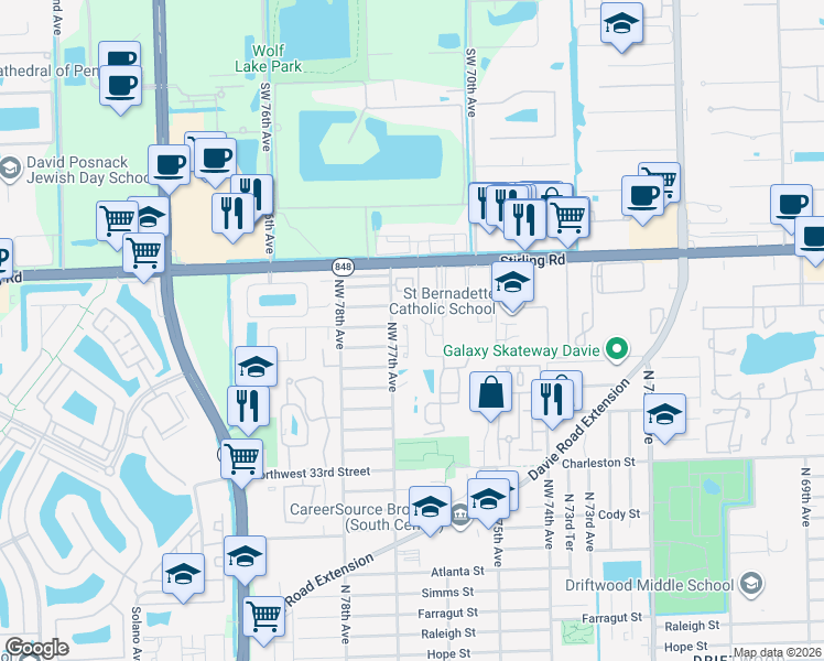 map of restaurants, bars, coffee shops, grocery stores, and more near 3906 Northwest 77th Avenue in Hollywood