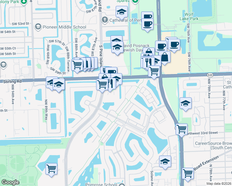 map of restaurants, bars, coffee shops, grocery stores, and more near 8532 Stirling Road in Hollywood