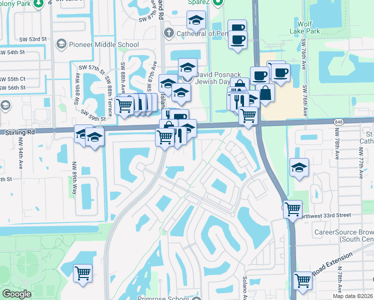 map of restaurants, bars, coffee shops, grocery stores, and more near 8532 Stirling Road in Hollywood