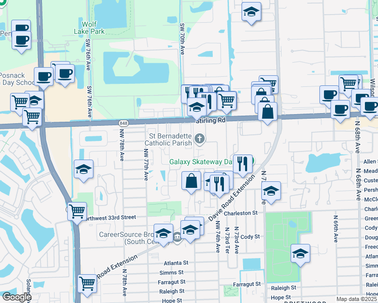 map of restaurants, bars, coffee shops, grocery stores, and more near 7550 Stirling Road in Hollywood