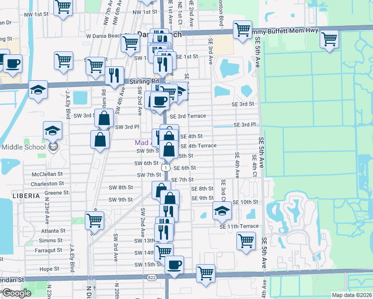 map of restaurants, bars, coffee shops, grocery stores, and more near 105A Southeast 5th Street in Dania Beach