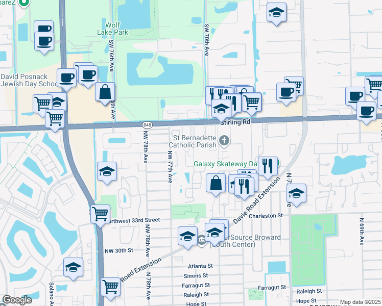 map of restaurants, bars, coffee shops, grocery stores, and more near 3830 Northwest 76th Way in Hollywood
