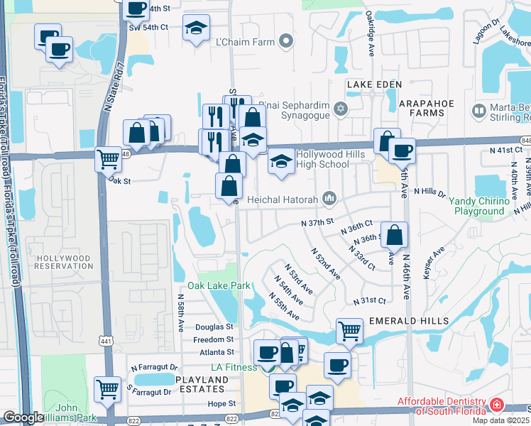 map of restaurants, bars, coffee shops, grocery stores, and more near 3731 North 54th Avenue in Hollywood