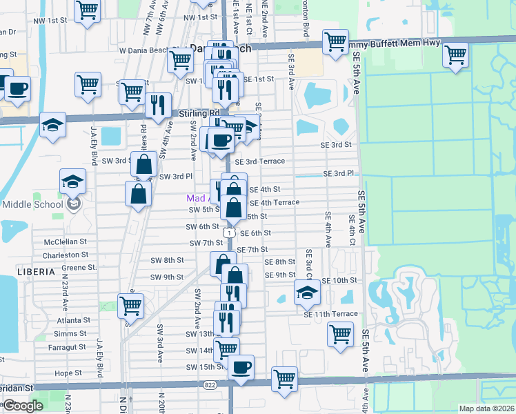 map of restaurants, bars, coffee shops, grocery stores, and more near 105A Southeast 5th Street in Dania Beach