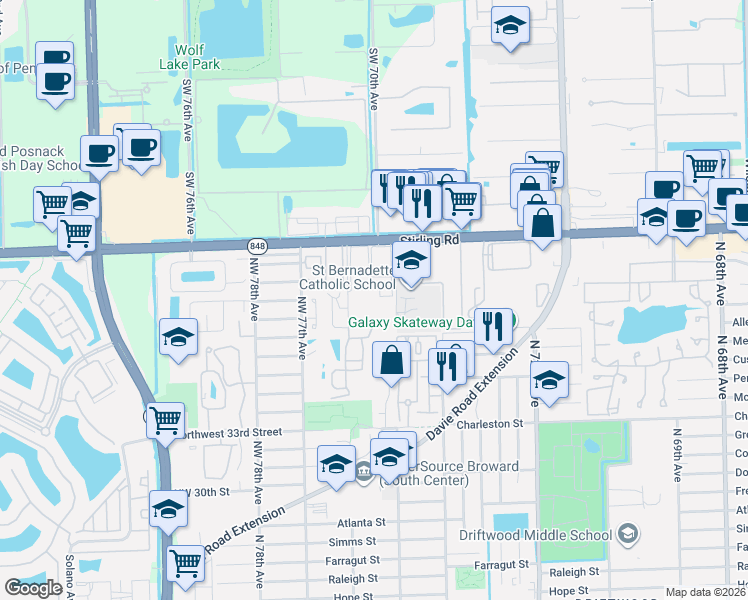 map of restaurants, bars, coffee shops, grocery stores, and more near 7550 Stirling Road in Hollywood