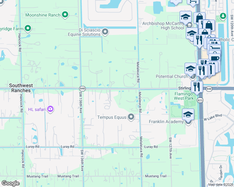 map of restaurants, bars, coffee shops, grocery stores, and more near 6125 Stallion Way in Southwest Ranches