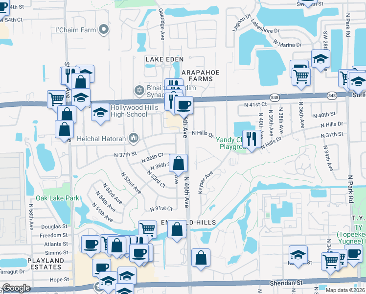 map of restaurants, bars, coffee shops, grocery stores, and more near 4701 North 36th Court in Hollywood