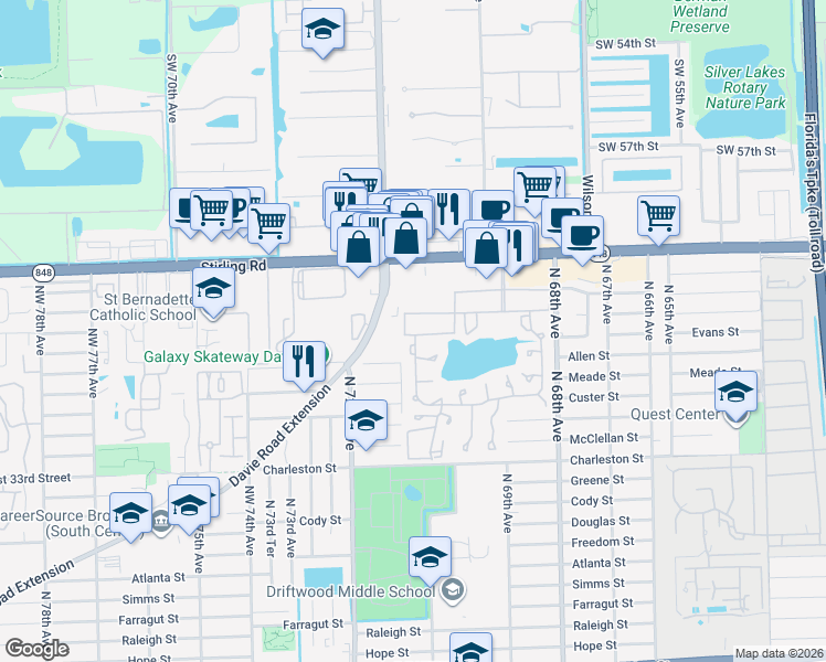 map of restaurants, bars, coffee shops, grocery stores, and more near 633 Briarwood Circle in Hollywood