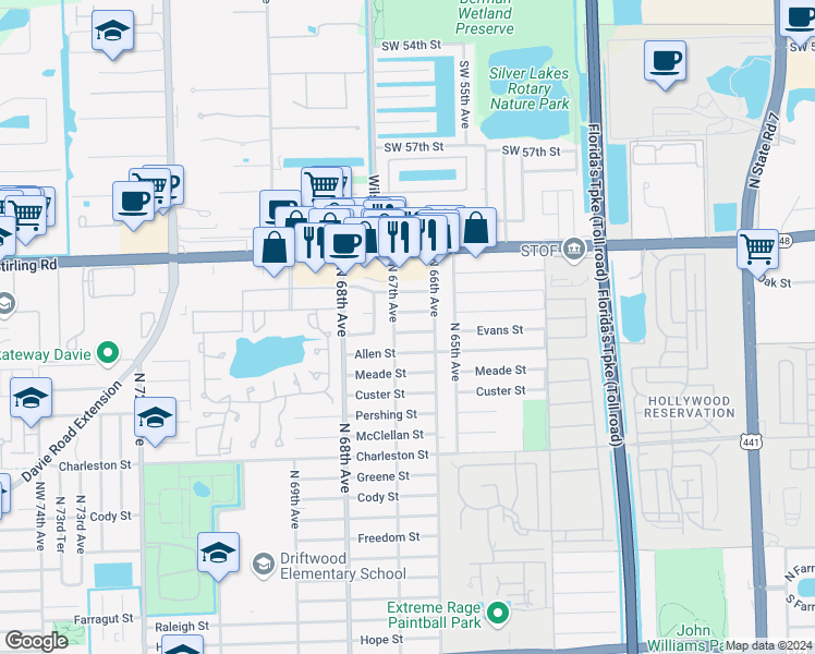 map of restaurants, bars, coffee shops, grocery stores, and more near 6651 Evans Street in Hollywood
