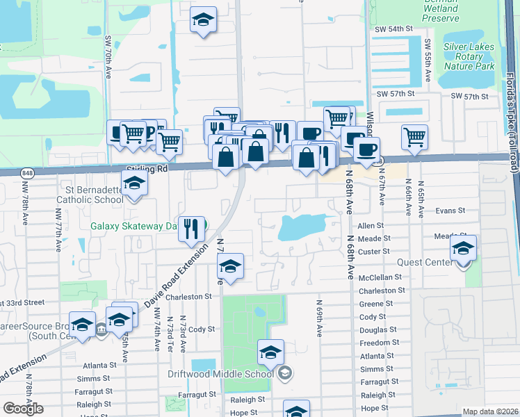 map of restaurants, bars, coffee shops, grocery stores, and more near 633 Briarwood Circle in Hollywood