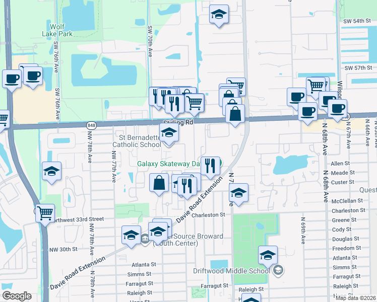 map of restaurants, bars, coffee shops, grocery stores, and more near 7201-7399 Northwest 38th Street in Hollywood