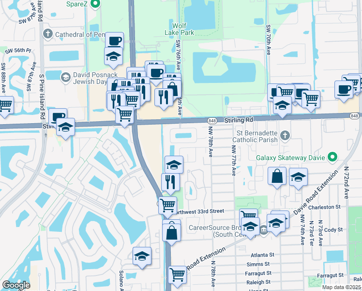 map of restaurants, bars, coffee shops, grocery stores, and more near 3910 Northwest 79th Avenue in Hollywood