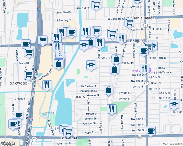 map of restaurants, bars, coffee shops, grocery stores, and more near 3500 North 22nd Avenue in Hollywood
