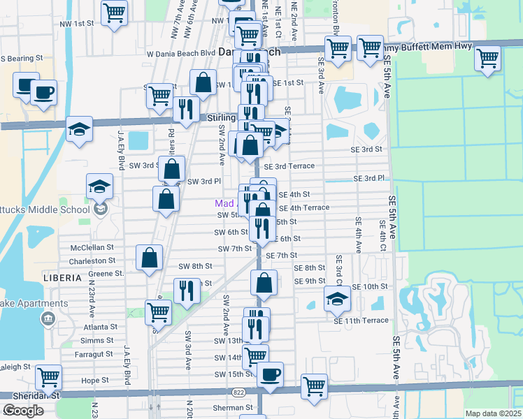 map of restaurants, bars, coffee shops, grocery stores, and more near 485 U.S. 1 in Dania Beach