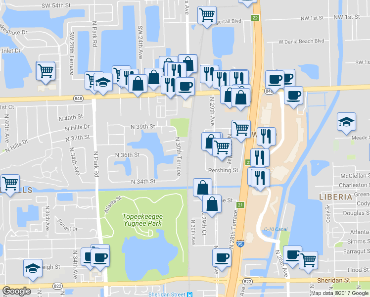 map of restaurants, bars, coffee shops, grocery stores, and more near 3530 North 30th Terrace in Hollywood