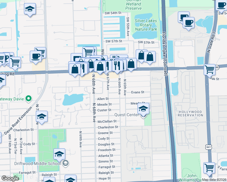 map of restaurants, bars, coffee shops, grocery stores, and more near 6601 Allen Street in Hollywood