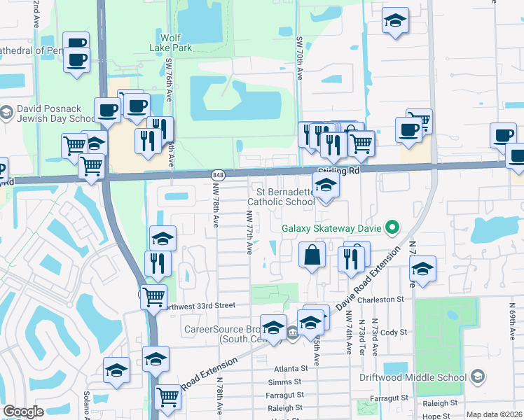 map of restaurants, bars, coffee shops, grocery stores, and more near 3906 Northwest 77th Avenue in Hollywood