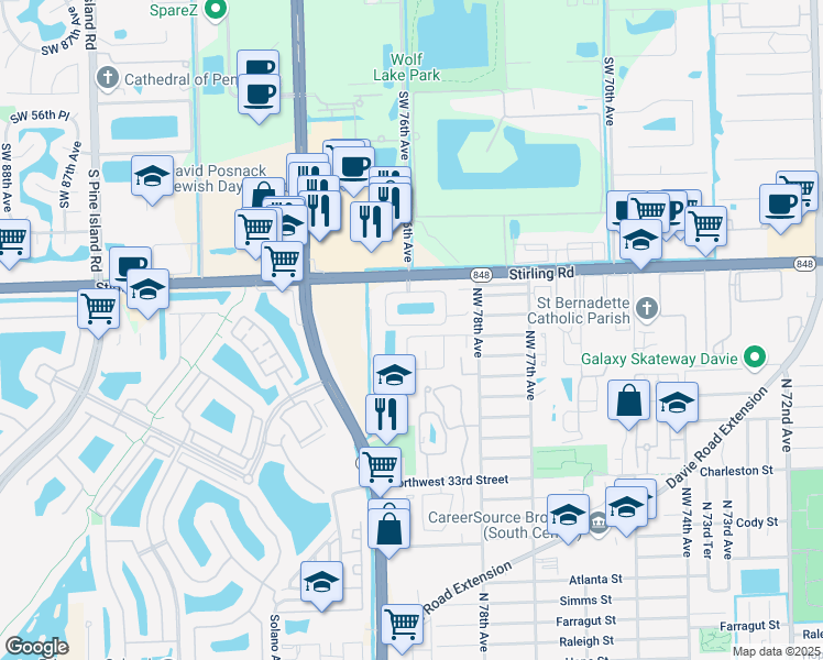 map of restaurants, bars, coffee shops, grocery stores, and more near 3910 Northwest 79th Avenue in Hollywood