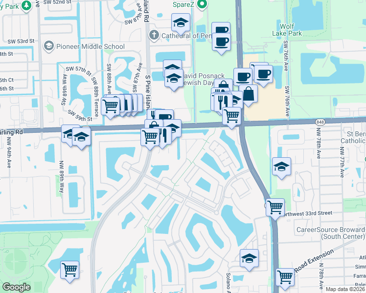 map of restaurants, bars, coffee shops, grocery stores, and more near 8532 Stirling Road in Hollywood