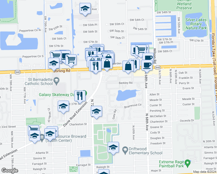 map of restaurants, bars, coffee shops, grocery stores, and more near 351 Cambridge Road in Hollywood