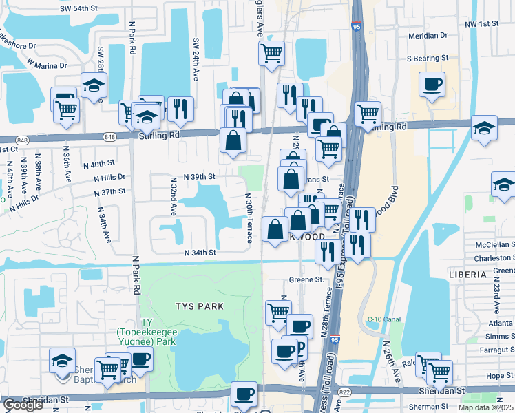 map of restaurants, bars, coffee shops, grocery stores, and more near 3530 North 30th Terrace in Hollywood