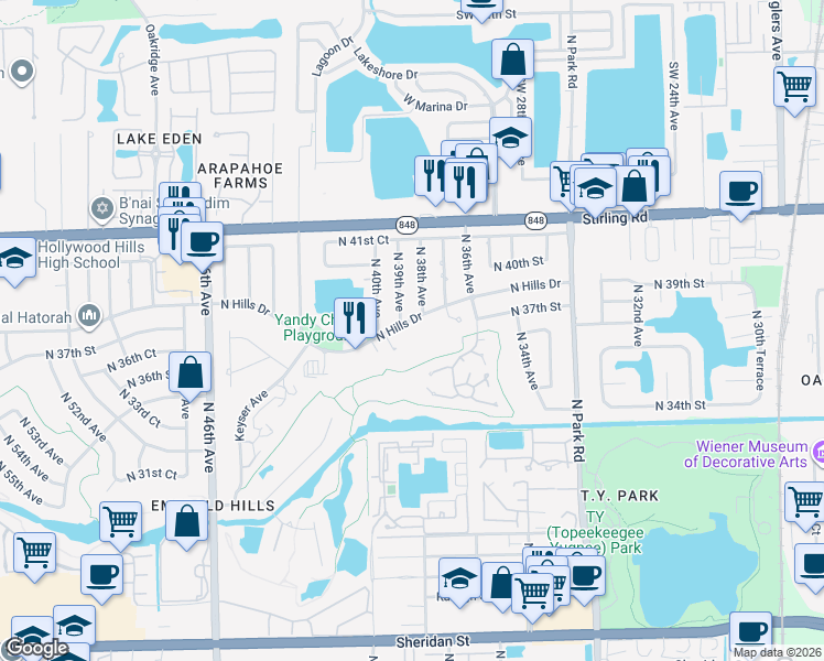 map of restaurants, bars, coffee shops, grocery stores, and more near 3800 North Hills Drive in Hollywood