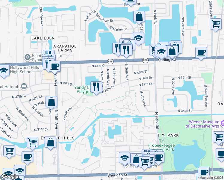 map of restaurants, bars, coffee shops, grocery stores, and more near 3800 North Hills Drive in Hollywood