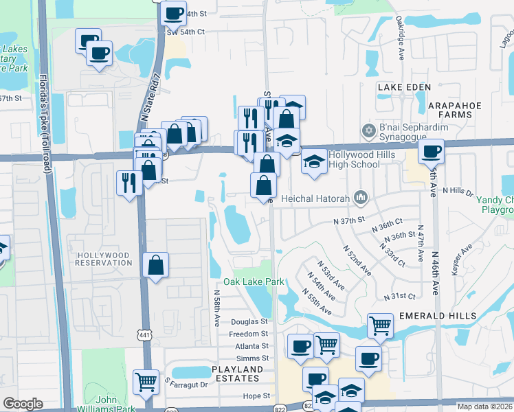 map of restaurants, bars, coffee shops, grocery stores, and more near 3610 North 56th Avenue in Hollywood