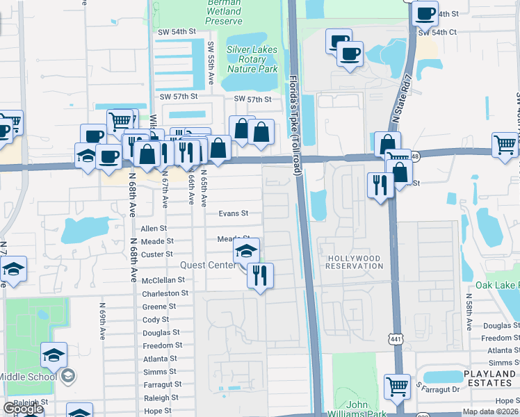 map of restaurants, bars, coffee shops, grocery stores, and more near 6401 Allen Street in Hollywood