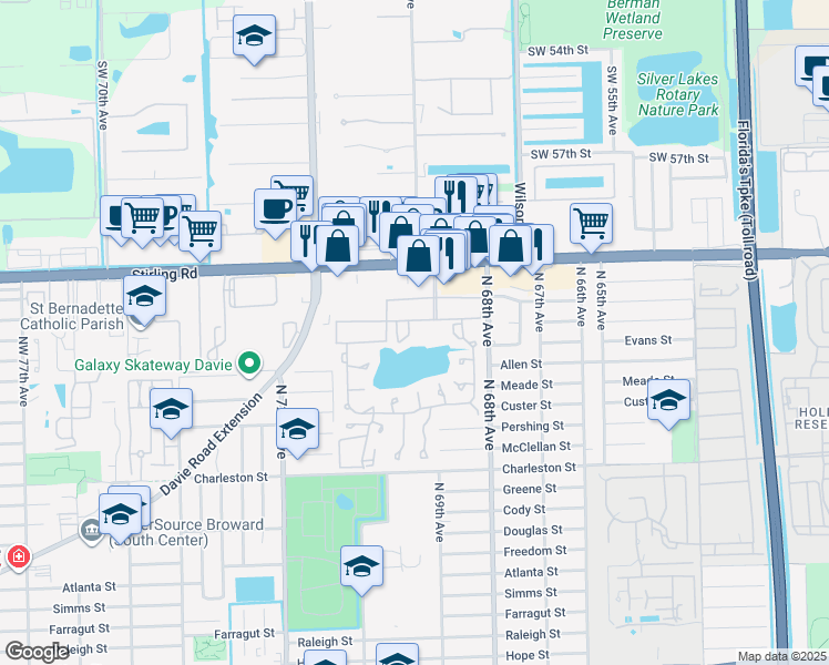 map of restaurants, bars, coffee shops, grocery stores, and more near 200 Berkley Road in Hollywood