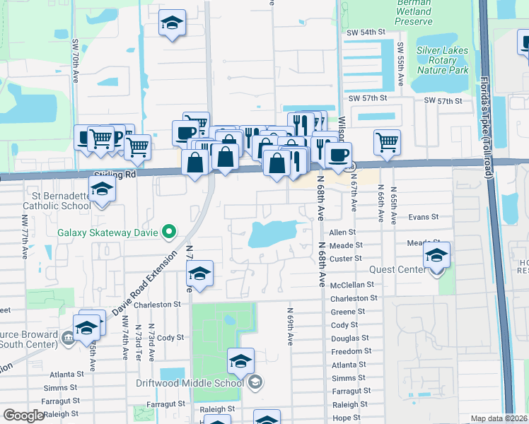 map of restaurants, bars, coffee shops, grocery stores, and more near 612 Briarwood Circle in Hollywood
